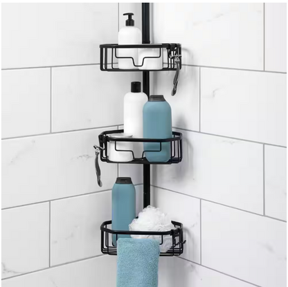 Zenna Home NeverRust Aluminum Tension Pole Corner Shower Caddy in Matte Black