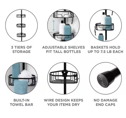 Zenna Home NeverRust Aluminum Tension Pole Corner Shower Caddy in Matte Black
