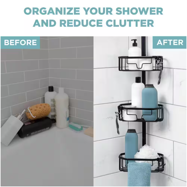 Zenna Home NeverRust Aluminum Tension Pole Corner Shower Caddy in Matte Black