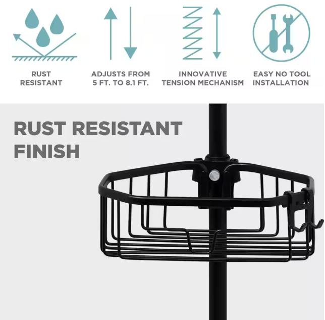 Zenna Home NeverRust Aluminum Tension Pole Corner Shower Caddy in Matte Black