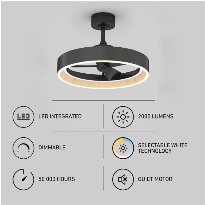 Artika Alton 24 in. Indoor Black and Wood 8 Steps CCT 18.7 in. Integrated LED Ceiling Fan with Remote Included