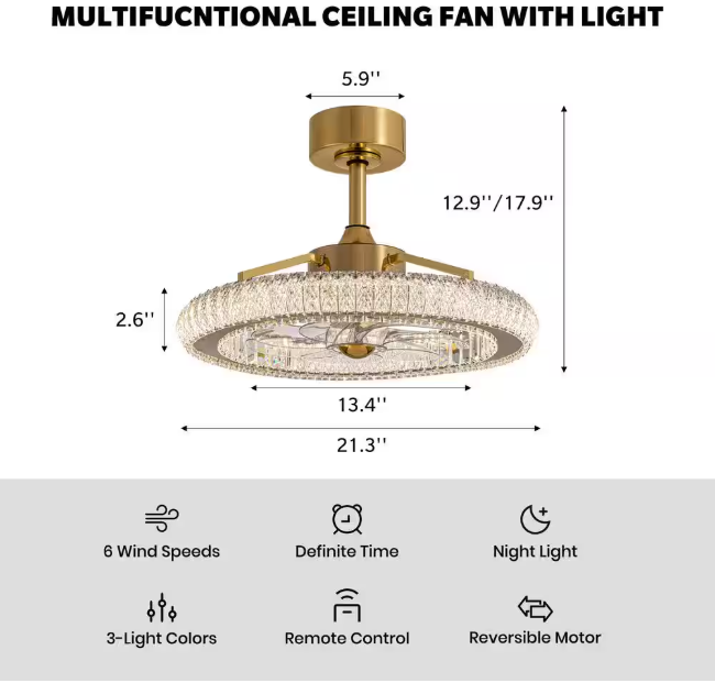 FANNEHONNE Diamond 22 in. Smart Indoor Brass Ceiling Fan with Crystal Integrated LED Light