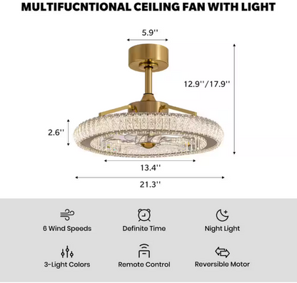 FANNEHONNE Diamond 22 in. Smart Indoor Brass Ceiling Fan with Crystal Integrated LED Light
