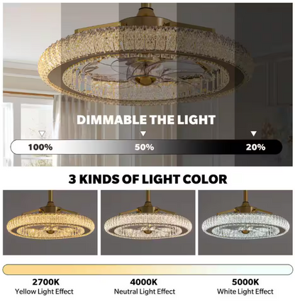 FANNEHONNE Diamond 22 in. Smart Indoor Brass Ceiling Fan with Crystal Integrated LED Light