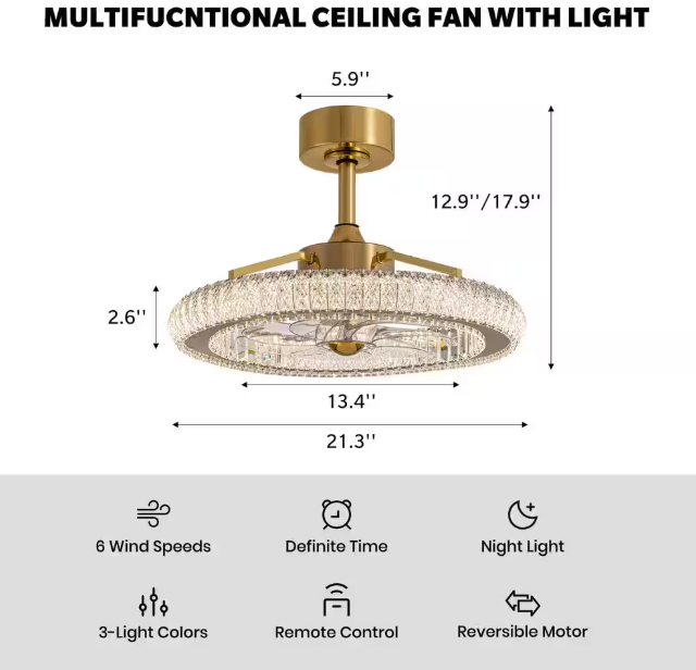 FANNEHONNE Diamond 22 in. Smart Indoor Brass Ceiling Fan with Crystal Integrated LED Light