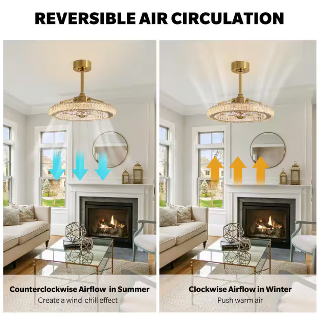 FANNEHONNE Diamond 22 in. Smart Indoor Brass Ceiling Fan with Crystal Integrated LED Light