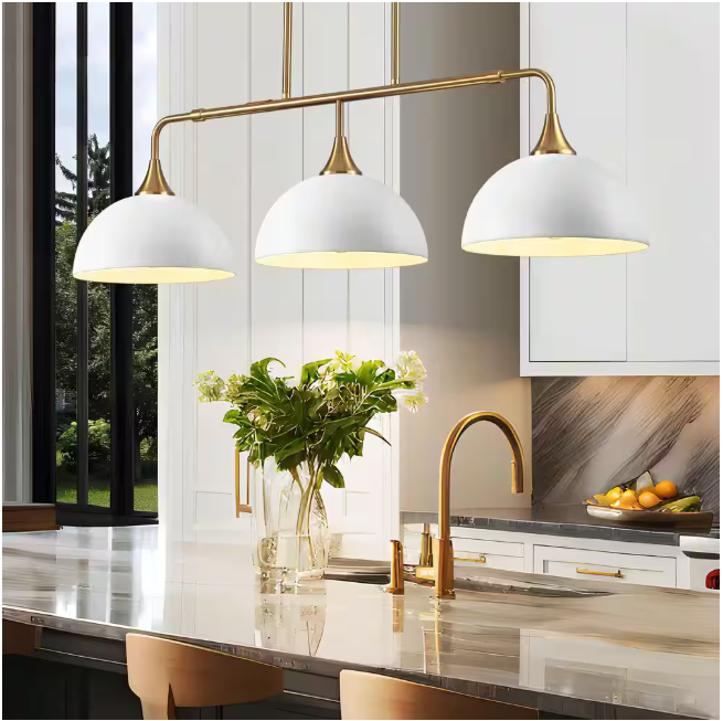 RRTYO Holmes 60-Watt 3-Light Industrial White Linear Dome Pendant Lights for Kitchen Island