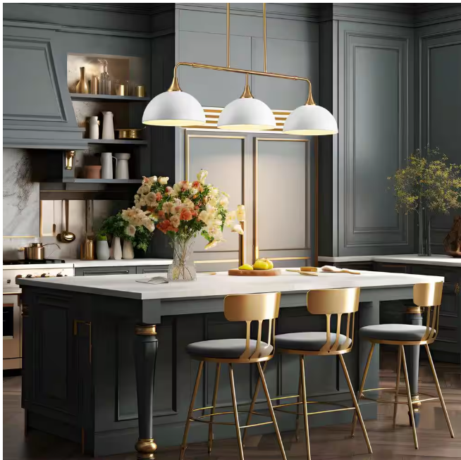 RRTYO Holmes 60-Watt 3-Light Industrial White Linear Dome Pendant Lights for Kitchen Island