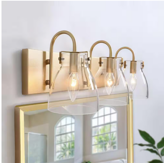 LNC Modern 22 in. 3-Light Gold Bathroom Vanity Light with Bell Clear Glass Shades Powder Room Wall Light for Mirror