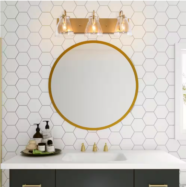 LNC Modern 22 in. 3-Light Gold Bathroom Vanity Light with Bell Clear Glass Shades Powder Room Wall Light for Mirror