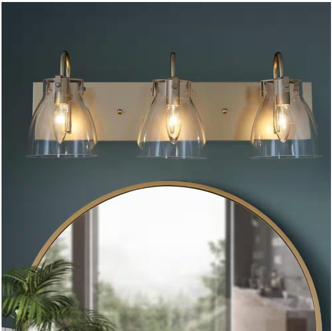 LNC Modern 22 in. 3-Light Gold Bathroom Vanity Light with Bell Clear Glass Shades Powder Room Wall Light for Mirror