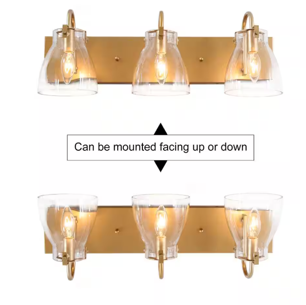 LNC Modern 22 in. 3-Light Gold Bathroom Vanity Light with Bell Clear Glass Shades Powder Room Wall Light for Mirror