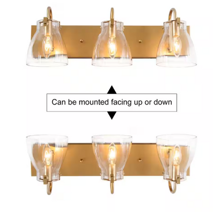 LNC Modern 22 in. 3-Light Gold Bathroom Vanity Light with Bell Clear Glass Shades Powder Room Wall Light for Mirror