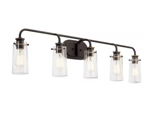 KICHLER Braelyn 44 in. 5-Light Olde Bronze Vintage Bathroom Vanity Light with Clear Seedy Glass