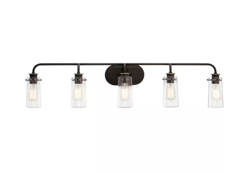KICHLER Braelyn 44 in. 5-Light Olde Bronze Vintage Bathroom Vanity Light with Clear Seedy Glass