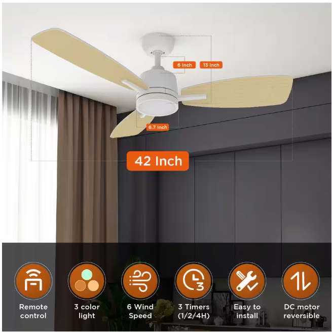 QRMOK S3 Series 42 in. LED Light White & Ceiling Fan with Remote, Reversible Quiet DC Motor for Bedroom Dining Living Room