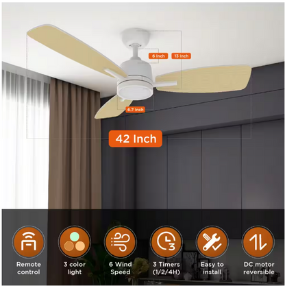 QRMOK S3 Series 42 in. LED Light White & Ceiling Fan with Remote, Reversible Quiet DC Motor for Bedroom Dining Living Room