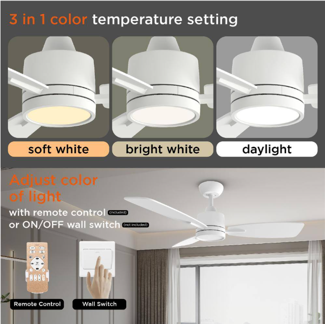 QRMOK S3 Series 42 in. LED Light White & Ceiling Fan with Remote, Reversible Quiet DC Motor for Bedroom Dining Living Room