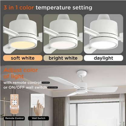 QRMOK S3 Series 42 in. LED Light White & Ceiling Fan with Remote, Reversible Quiet DC Motor for Bedroom Dining Living Room