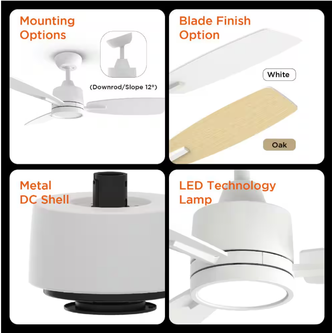 QRMOK S3 Series 42 in. LED Light White & Ceiling Fan with Remote, Reversible Quiet DC Motor for Bedroom Dining Living Room