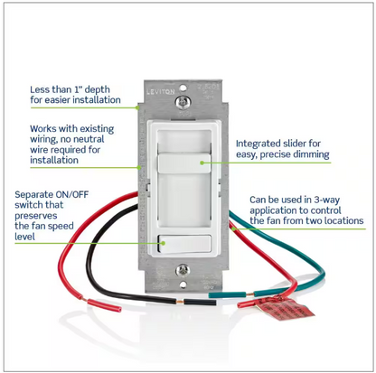 Leviton Sure Slide Ceiling Fan Wall Switch, Quiet 3-Speed Fan Control, 1.5 Amps, Ivory 661F-10I