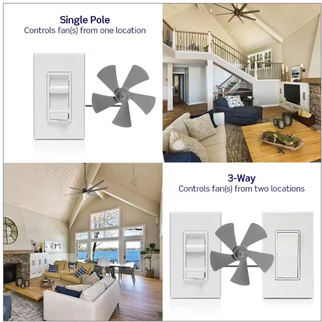 Leviton Sure Slide Ceiling Fan Wall Switch, Quiet 3-Speed Fan Control, 1.5 Amps, Ivory 661F-10I