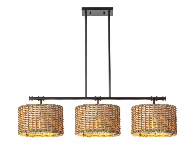 Rennnsan Terry 3-Light Black Farmhouse Linear Island Chandelier Light with Rattan Shades