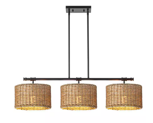 Rennnsan Terry 3-Light Black Farmhouse Linear Island Chandelier Light with Rattan Shades