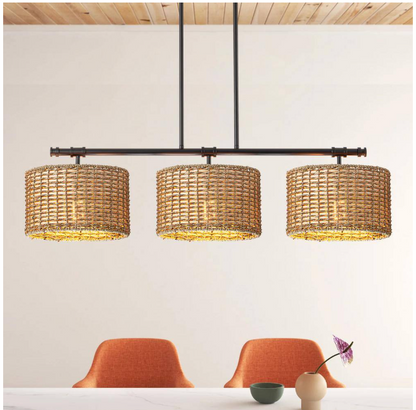 Rennnsan Terry 3-Light Black Farmhouse Linear Island Chandelier Light with Rattan Shades