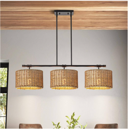 Rennnsan Terry 3-Light Black Farmhouse Linear Island Chandelier Light with Rattan Shades