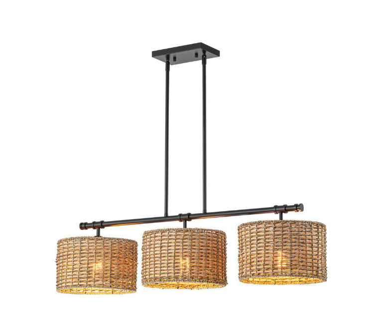 Rennnsan Terry 3-Light Black Farmhouse Linear Island Chandelier Light with Rattan Shades