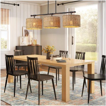 Rennnsan Terry 3-Light Black Farmhouse Linear Island Chandelier Light with Rattan Shades