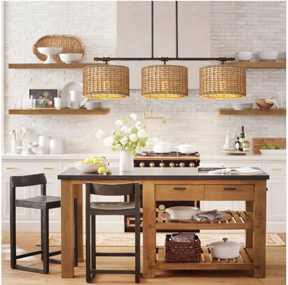 Rennnsan Terry 3-Light Black Farmhouse Linear Island Chandelier Light with Rattan Shades