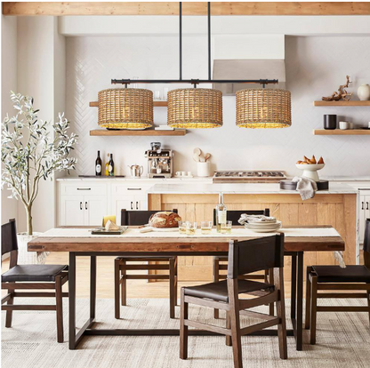 Rennnsan Terry 3-Light Black Farmhouse Linear Island Chandelier Light with Rattan Shades