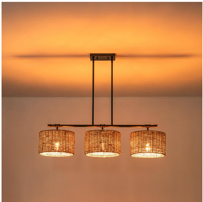 Rennnsan Terry 3-Light Black Farmhouse Linear Island Chandelier Light with Rattan Shades
