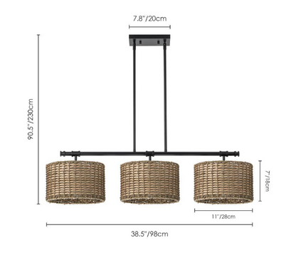 Rennnsan Terry 3-Light Black Farmhouse Linear Island Chandelier Light with Rattan Shades