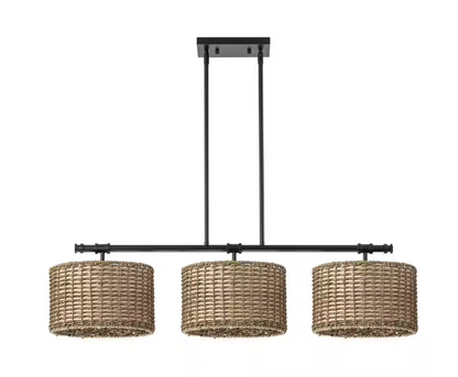 Rennnsan Terry 3-Light Black Farmhouse Linear Island Chandelier Light with Rattan Shades