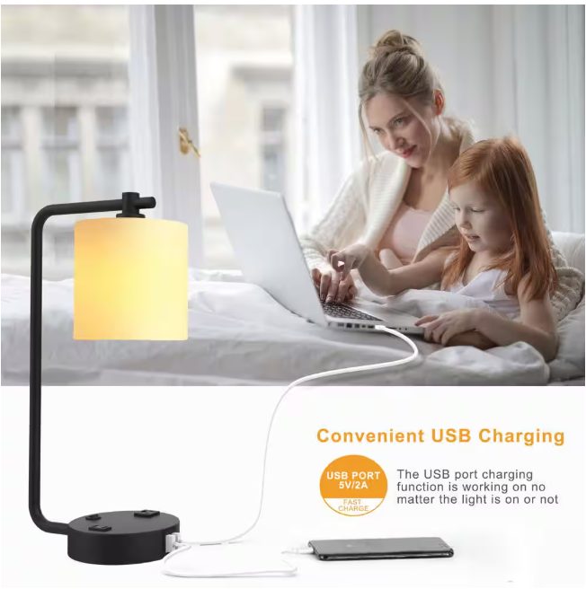 Cedar Hill 19 in. 2 USB Table Lamp with 2 outlets , White Fabric Shade