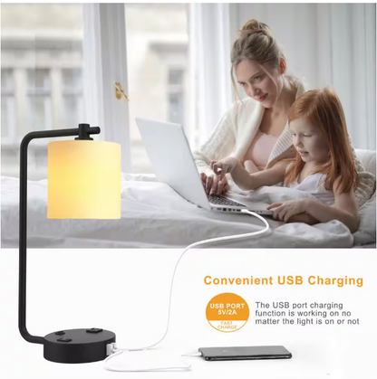 Cedar Hill 19 in. 2 USB Table Lamp with 2 outlets , White Fabric Shade