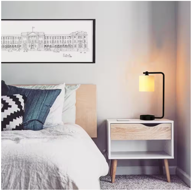 Cedar Hill 19 in. 2 USB Table Lamp with 2 outlets , White Fabric Shade