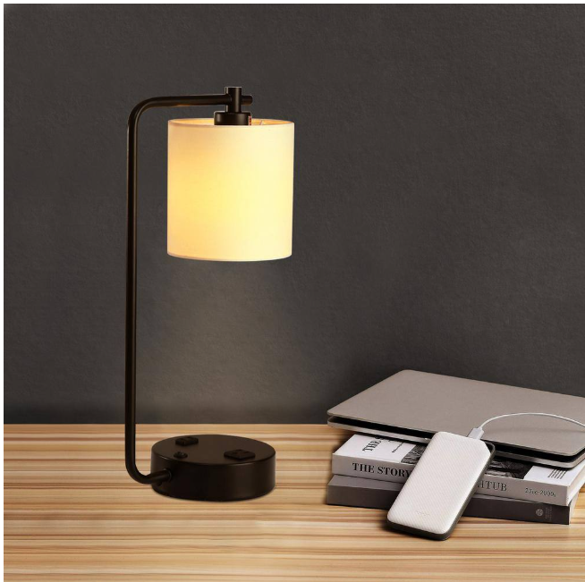 Cedar Hill 19 in. 2 USB Table Lamp with 2 outlets , White Fabric Shade