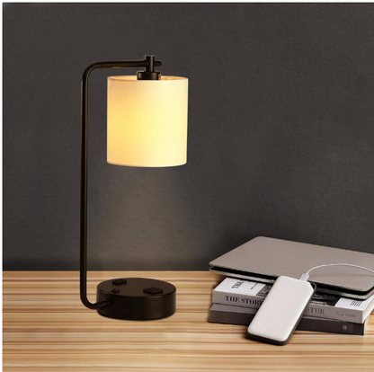 Cedar Hill 19 in. 2 USB Table Lamp with 2 outlets , White Fabric Shade