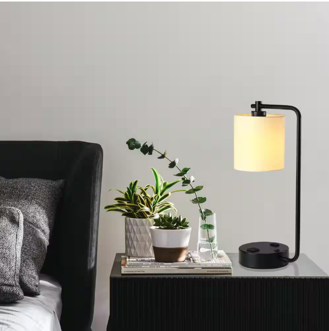 Cedar Hill 19 in. 2 USB Table Lamp with 2 outlets , White Fabric Shade