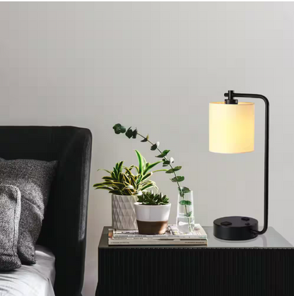 Cedar Hill 19 in. 2 USB Table Lamp with 2 outlets , White Fabric Shade