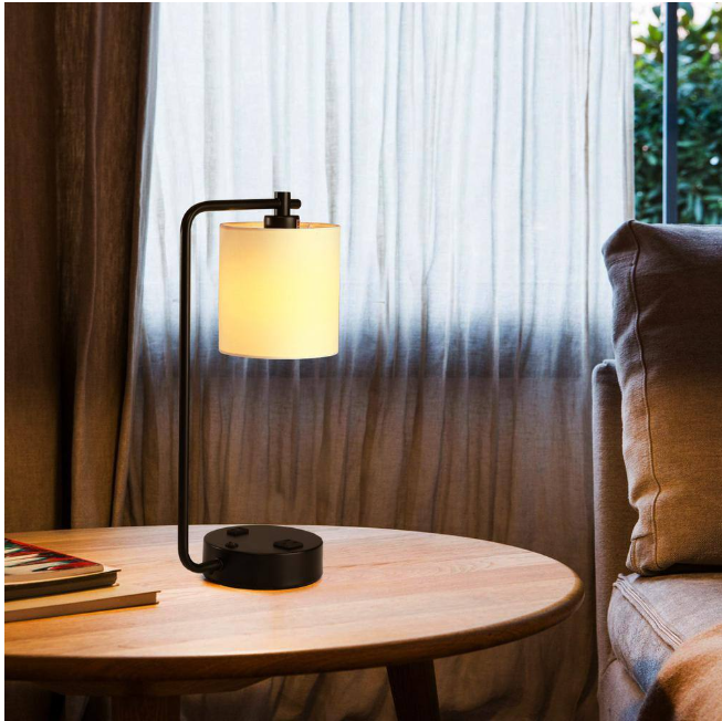 Cedar Hill 19 in. 2 USB Table Lamp with 2 outlets , White Fabric Shade