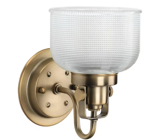 Progress Lighting Archie Collection 1-Light Vintage Brass Clear Double Prismatic Glass Coastal Bath Vanity Light