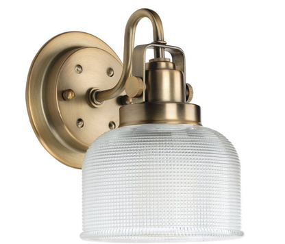 Progress Lighting Archie Collection 1-Light Vintage Brass Clear Double Prismatic Glass Coastal Bath Vanity Light