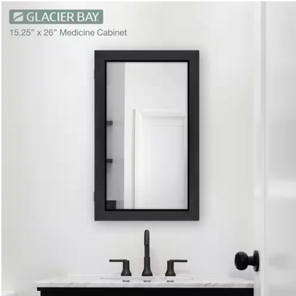 Glacier Bay 15-1/4 in. W x 26 in. H Rectangular Framed Recessed or Surface-Mount Bathroom Medicine Cabinet with Mirror, Black