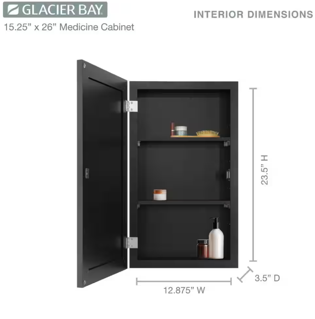 Glacier Bay 15-1/4 in. W x 26 in. H Rectangular Framed Recessed or Surface-Mount Bathroom Medicine Cabinet with Mirror, Black