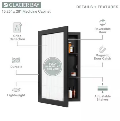 Glacier Bay 15-1/4 in. W x 26 in. H Rectangular Framed Recessed or Surface-Mount Bathroom Medicine Cabinet with Mirror, Black